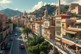 Nápoly városképe, gyönyörű épületekkel és dombos háttérrel.