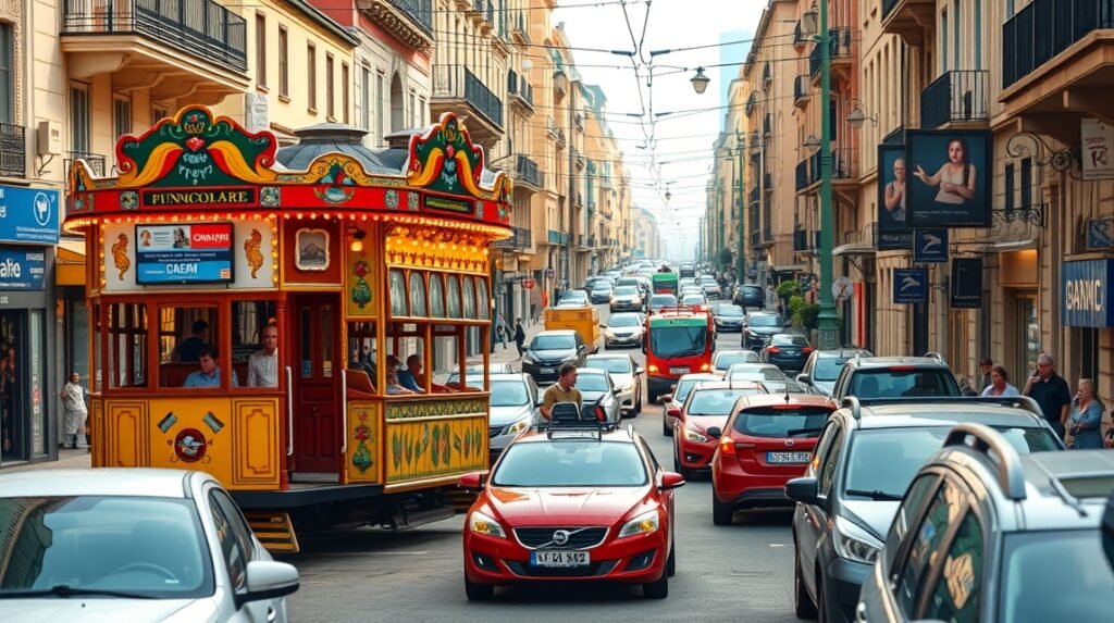 A nápolyi Funicolare a forgalmas utcában ülve