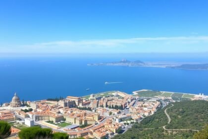 Panorámás kilátás Nápolyról a tenger és a hegyek felé.