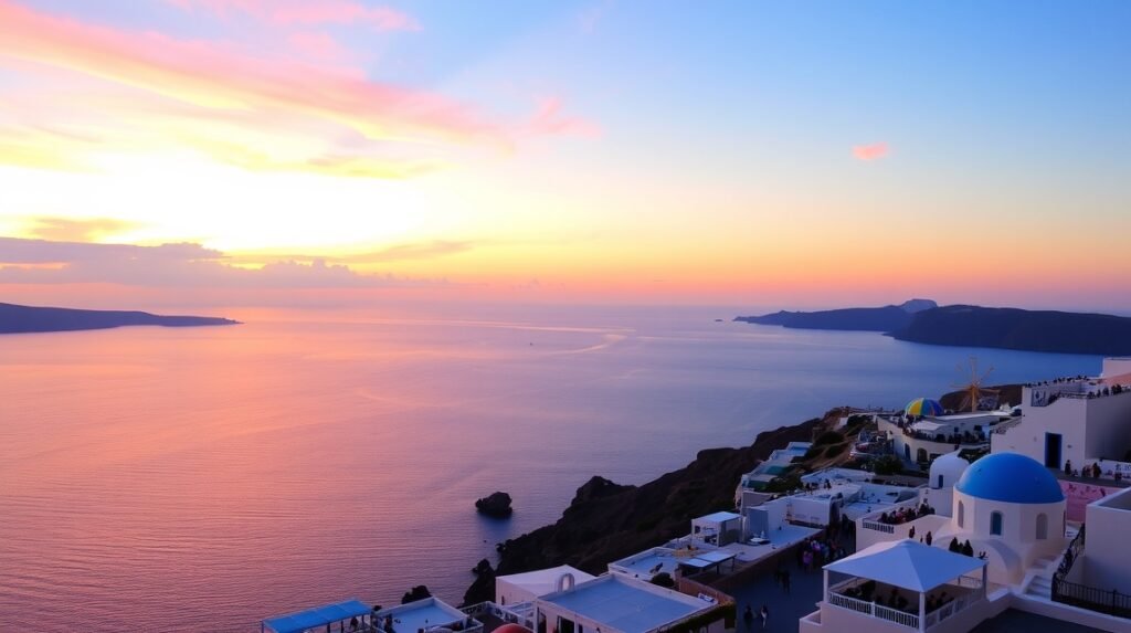 Szantorini naplemente látképe a tengerrel és épületekkel