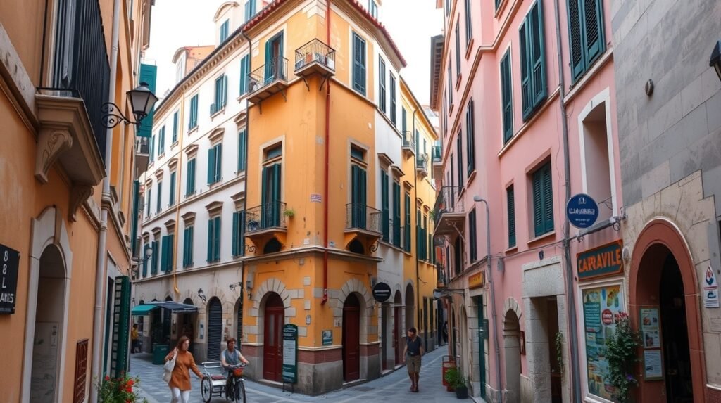 Keskeny utcák és színes házak Bari Vecchiában, Olaszországban.