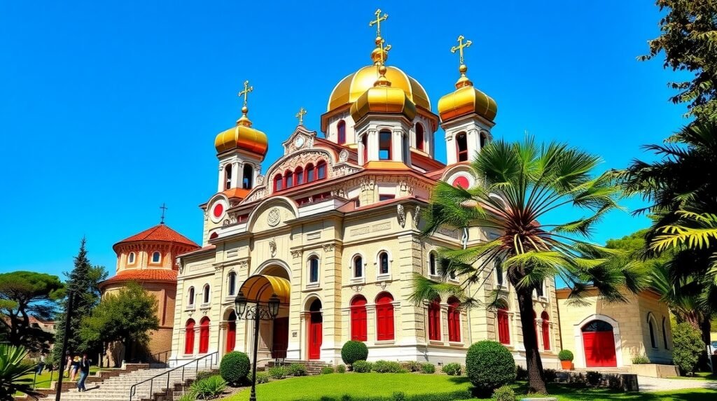 Szent Miklós orosz templom Bari városában, aranykupolákkal és gazdag mozaikokkal.