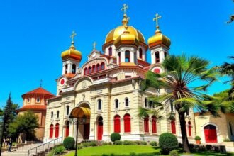 Szent Miklós orosz templom Bari városában, aranykupolákkal és gazdag mozaikokkal.