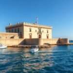 Sant'Antonio erőd a Bari kikötőjében, tengerrel körülvéve.