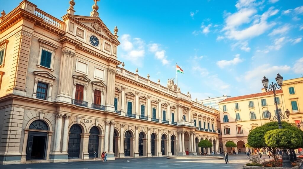 Palazzo del Sedile épület Bari óvárosában, történelmi díszítéssel.