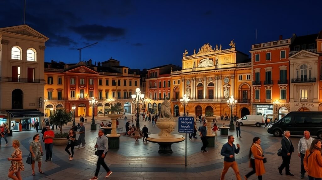 Esti fények a Piazza Ferrarese Bari városában, Olaszországban.