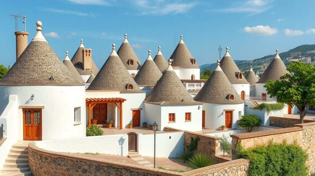 Alberobello trulli házak kúp tetőkkel és fehér falakkal