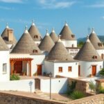 Alberobello trulli házak kúp tetőkkel és fehér falakkal