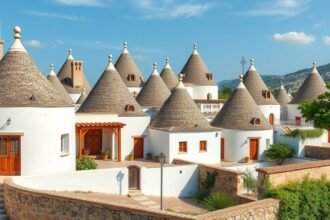 Alberobello trulli házak kúp tetőkkel és fehér falakkal