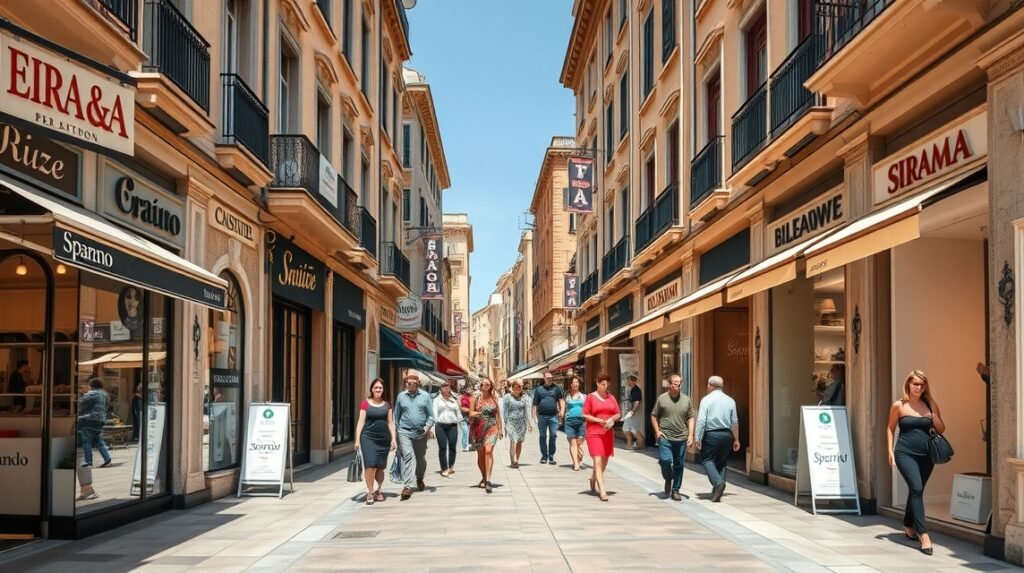 Bari Via Sparano elegáns bevásárlóutca emberekkel