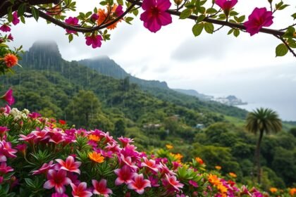 Tavaszi virágzás Madeira szigetén esővel és hegyekkel