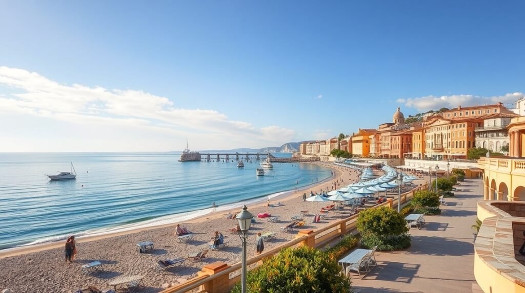 Bari tengerpartja napsütéses időben, gyönyörű épületekkel.