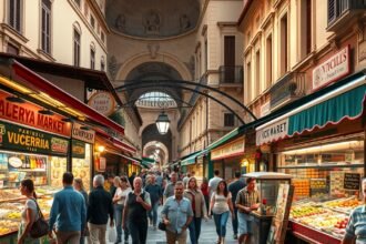 A Vucciria piac zöldségekkel és élelmiszerekkel teli utcája Palermóban.