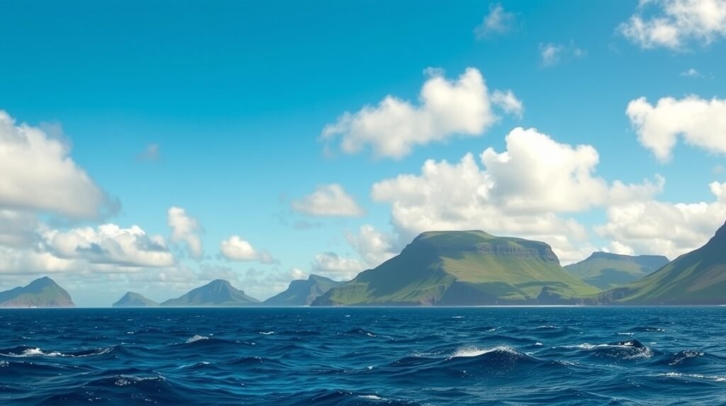 Azori-szigetek tengerparti táj sűrű felhőkkel és hegyekkel