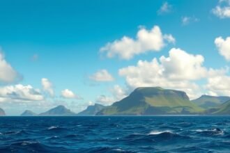 Azori-szigetek tengerparti táj sűrű felhőkkel és hegyekkel