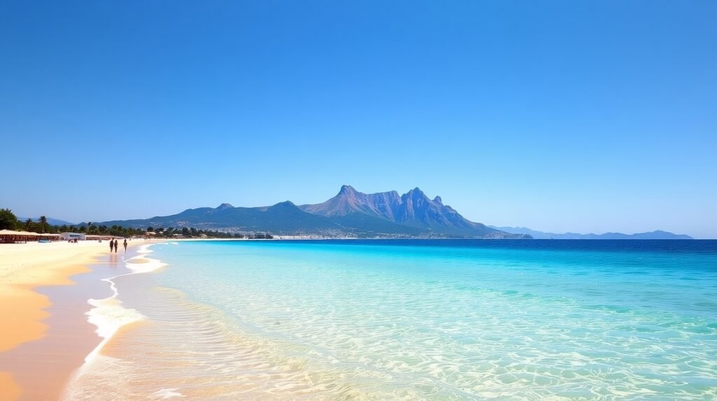 Mondello tengerpartja, fehér homok és smaragd víz Palermo közelében.