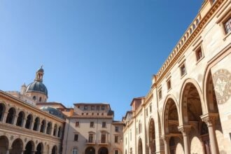 Palermo történelmi épületei a kék égen.