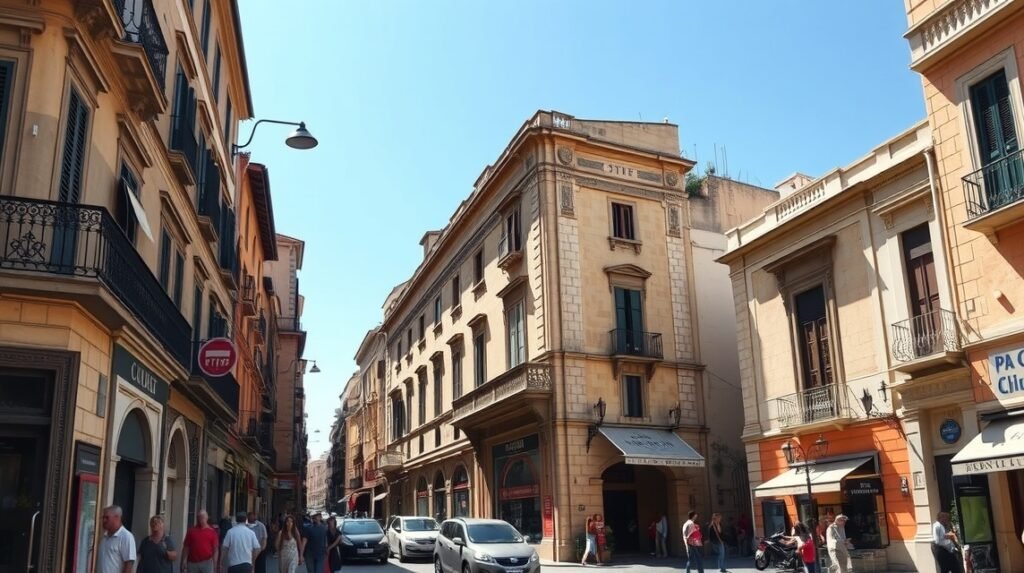 Utcai látkép Palermóból, történelmi épületekkel és gyalogos forgalommal.