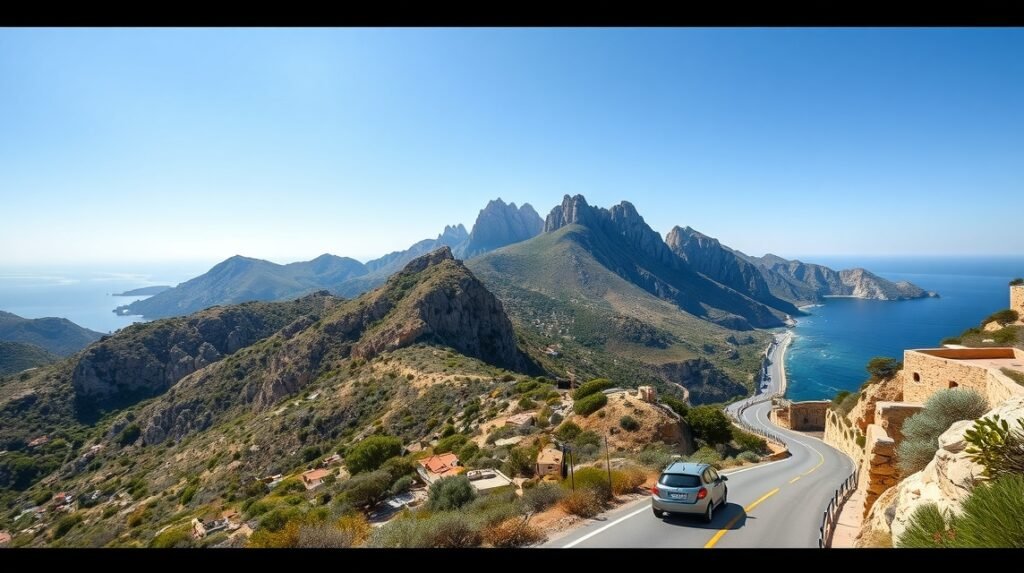 Korzika gyönyörű tája, autózás közben a kék tenger mellett.