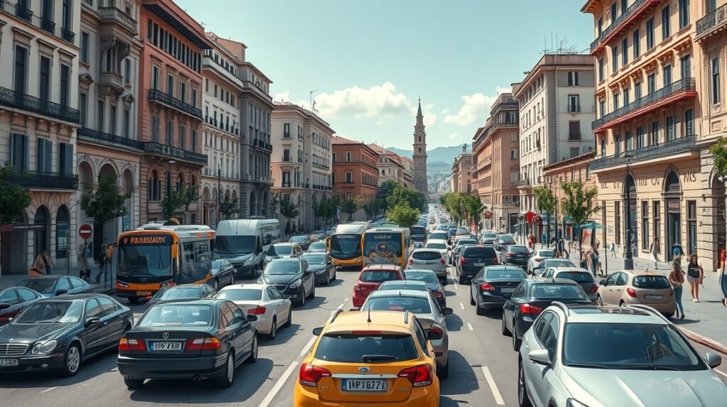 Kaotikus forgalom Palermo utcáin, motorok és autók tömege