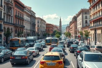 Kaotikus forgalom Palermo utcáin, motorok és autók tömege