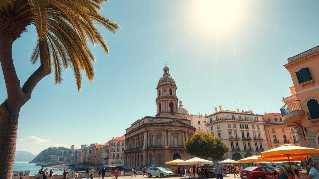 Palermo város látképe napfényes időben, pálmafákkal és épületekkel.