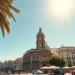 Palermo város látképe napfényes időben, pálmafákkal és épületekkel.