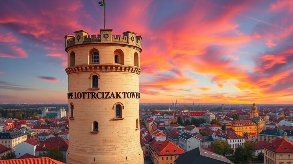 Panoráma a Lotrščak-toronyról Zágráb városára a naplementében.