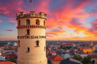 Panoráma a Lotrščak-toronyról Zágráb városára a naplementében.