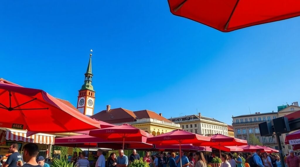 Piros napernyők a Zágráb Dolac piacon friss termékekkel.