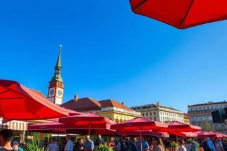 Piros napernyők a Zágráb Dolac piacon friss termékekkel.