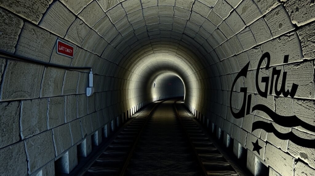 A Grič alagút belső nézete, világítással és vasúti sínnel.