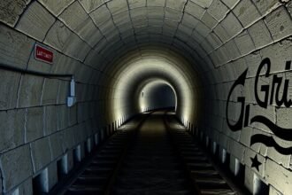 A Grič alagút belső nézete, világítással és vasúti sínnel.