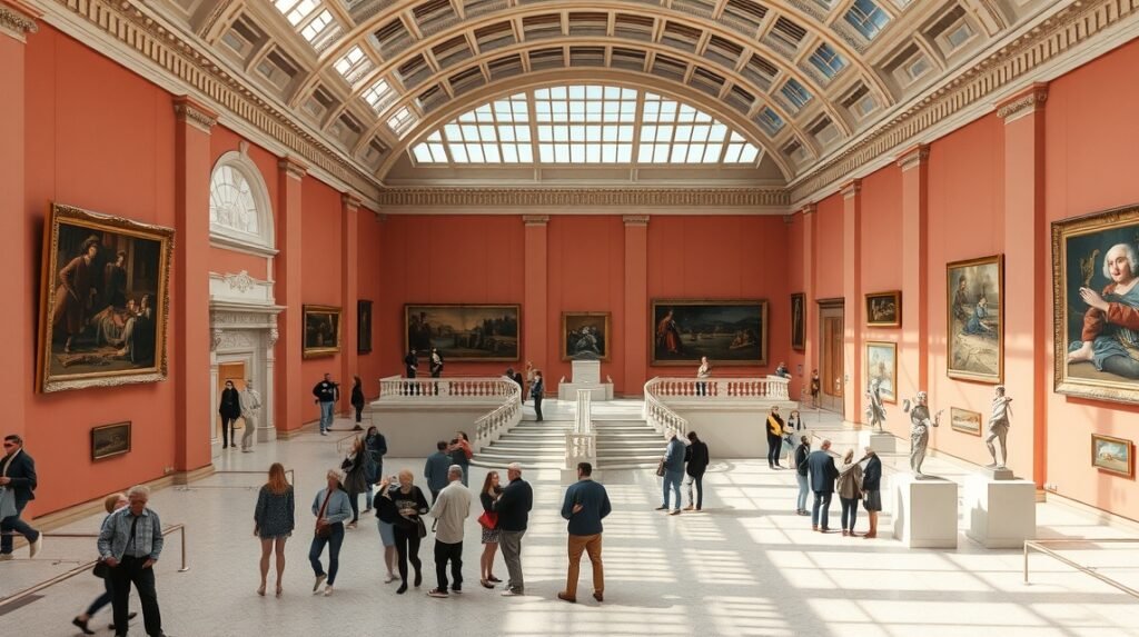 A Mimara Múzeum egy gyönyörű terme, festményeket és szobrokat bemutatva.