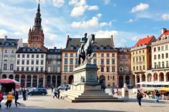 Jelačić bán tér Zágráb történelmi épületével és szobrával