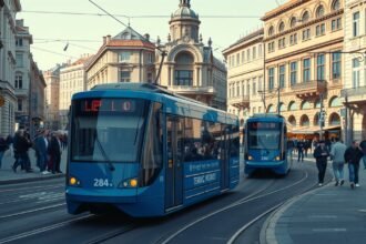 Zágráb kék villamosok közlekedése a városban.