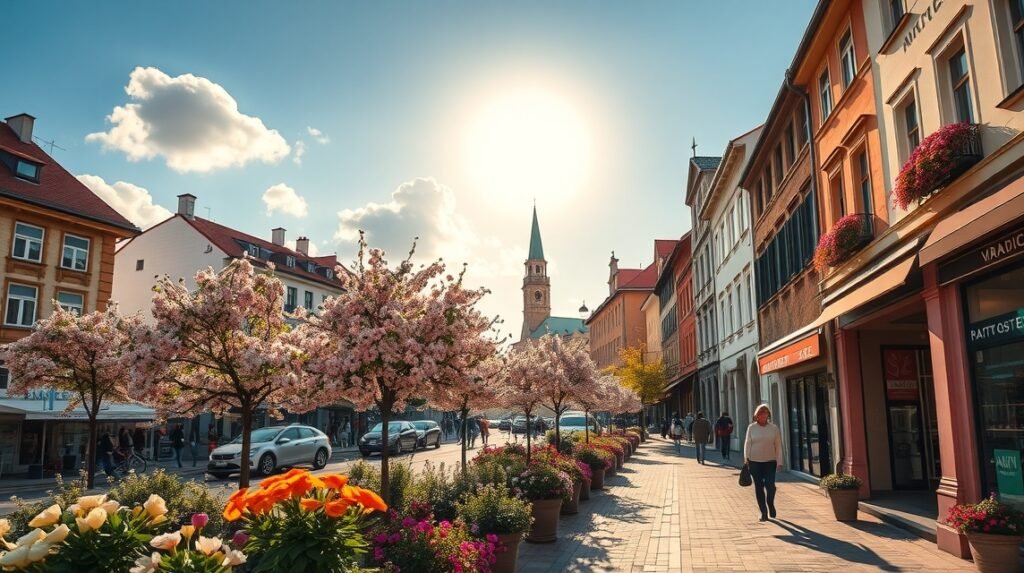 Zágráb tavaszi utca virágokkal és napsütéssel