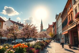 Zágráb tavaszi utca virágokkal és napsütéssel
