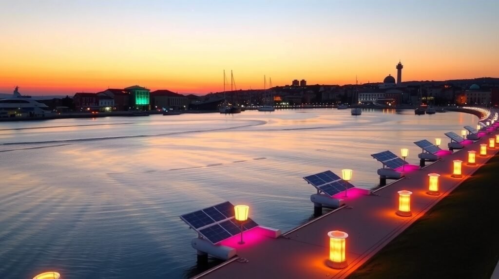 Zára város fényei és a tengeri látvány a Napköszöntő közelében