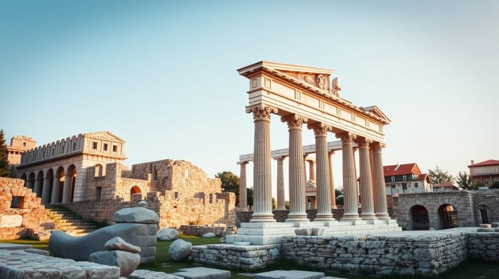 Zára Római Fórum romjainak oszlopai és régi épületek