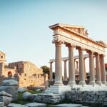 Zára Római Fórum romjainak oszlopai és régi épületek