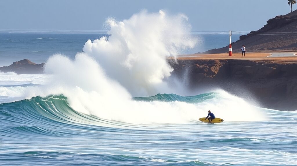 Szörföző Lanzarotén a hullámok között, napos időben.