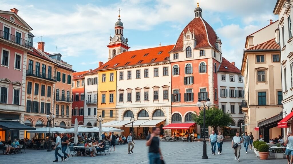 Népek tere (Narodni trg) Zára városában, velencei stílusú épületekkel