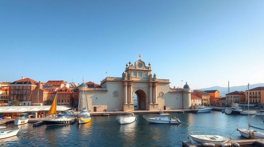 Zára Tengeri Kapu és kikötő, Horvátország gyönyörű városában.