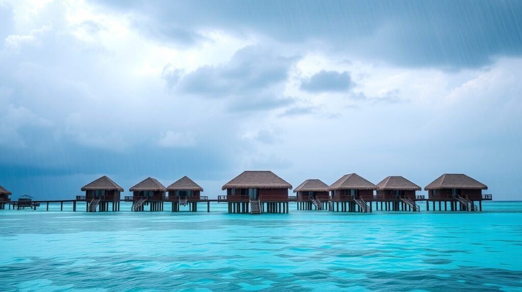 Maldív-szigetek vízparti bungalói esős időjárásban