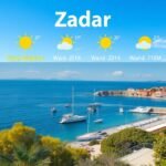 Zára strandja napfényes időjárással és turisztikai látnivalókkal.