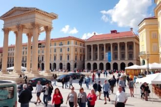 A Peristil tér látképe Split városában, Diocletianus palotájának közelében.