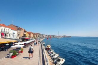 A Riva tengerparti sétány Split városában, tengerrel és pálmákkal.