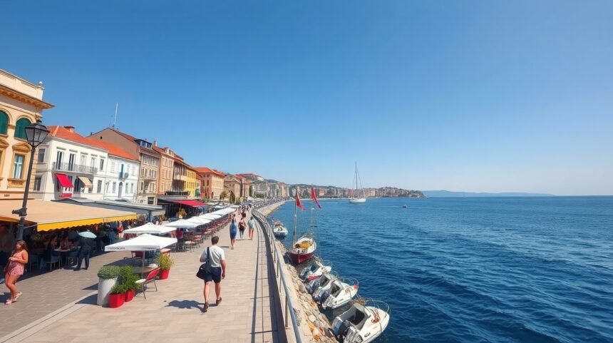 A Riva tengerparti sétány Split városában, tengerrel és pálmákkal.