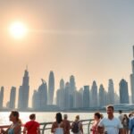 Dubai városképe turista csoportokkal a Burj Khalifa mögött.